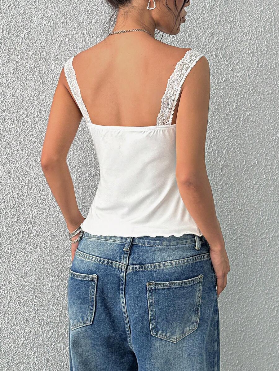 Women's lace trim V-neck bow detail pleated slim fit camisole Women's lace trim V-neck bow detail pleated slim fit camisole