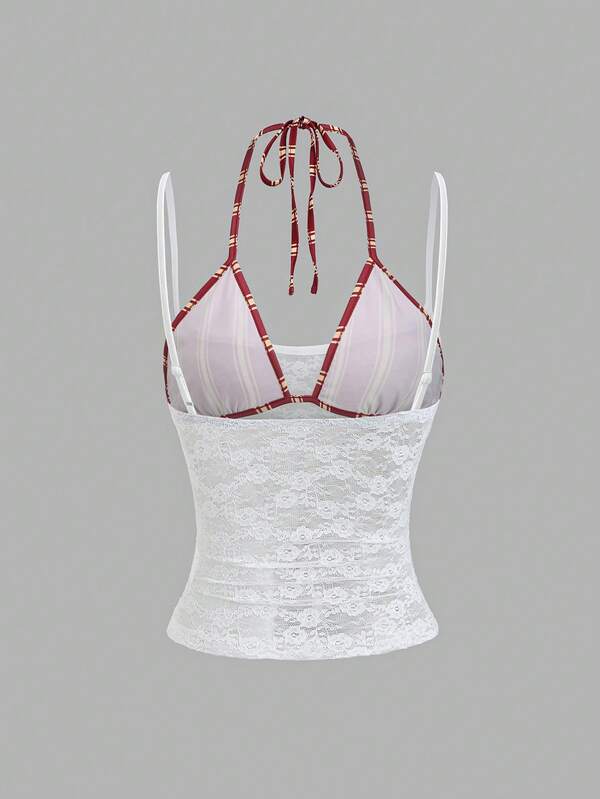 New retro striped slim sleeveless sexy asymmetrical two-in-one camisole, women's spring and summer style