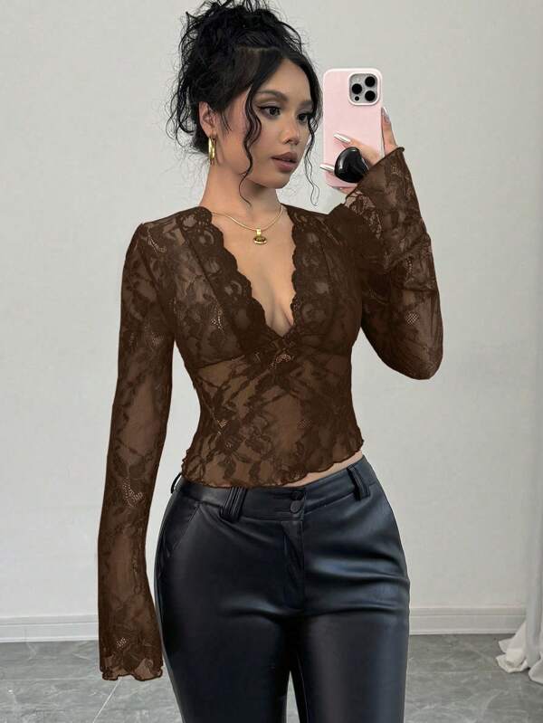 Women's Black V-Neck Lace Patchwork Bell Sleeve Lace Shirt