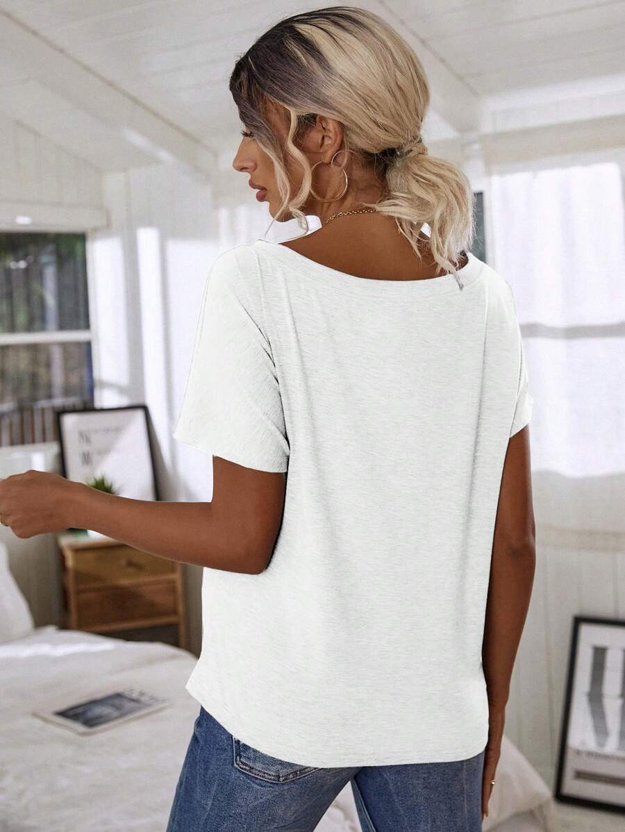 Women's Summer Solid Color Asymmetric Collar Bat Short Sleeve Casual T-Shirt