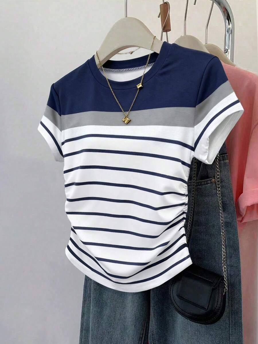 Women's outdoor tops, new summer arrivals, graphic design, multi-color stripes, white, navy, outdoor wear, slim-fit pleated waist T-shirt, women's T-shirt