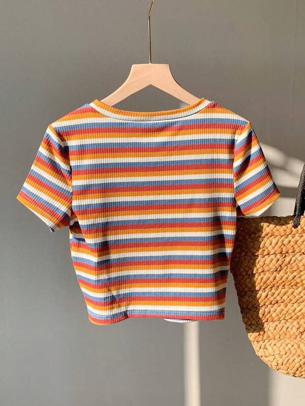 Colorful striped knitted slim fit women's T-shirt, casual and stylish, suitable for everyday wear