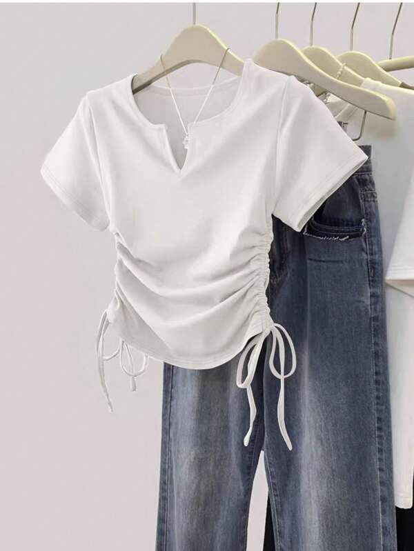 Women's Solid Notch Neck Drawstring Short Sleeve T-Shirt, Summer