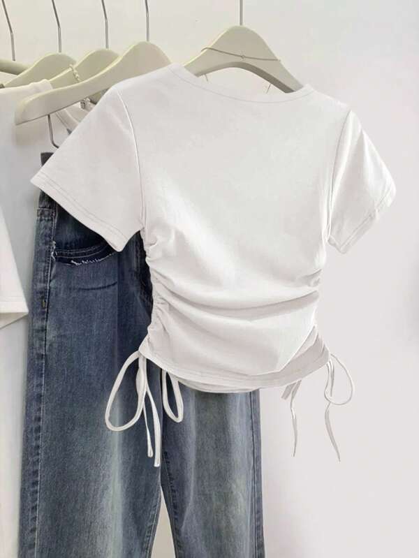 Women's Solid Notch Neck Drawstring Short Sleeve T-Shirt, Summer