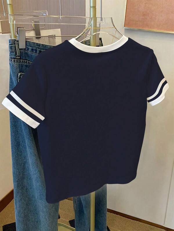 Women's T-shirt/Paul pattern printing/embroidery process/women's loose casual contrast color round neck T-shirt top/spring and summer