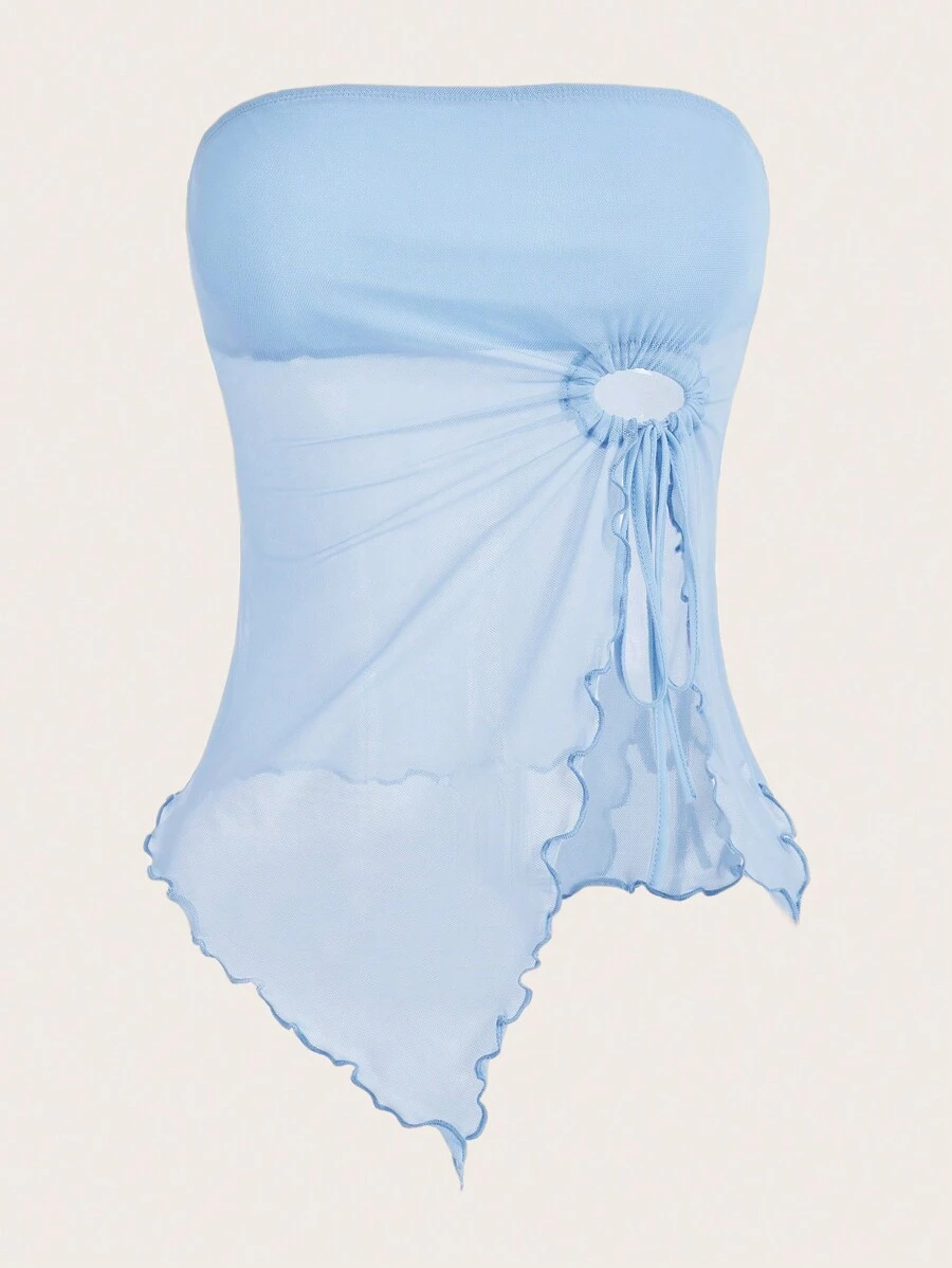 Drawstring asymmetric hem drawstring mesh bandeau top