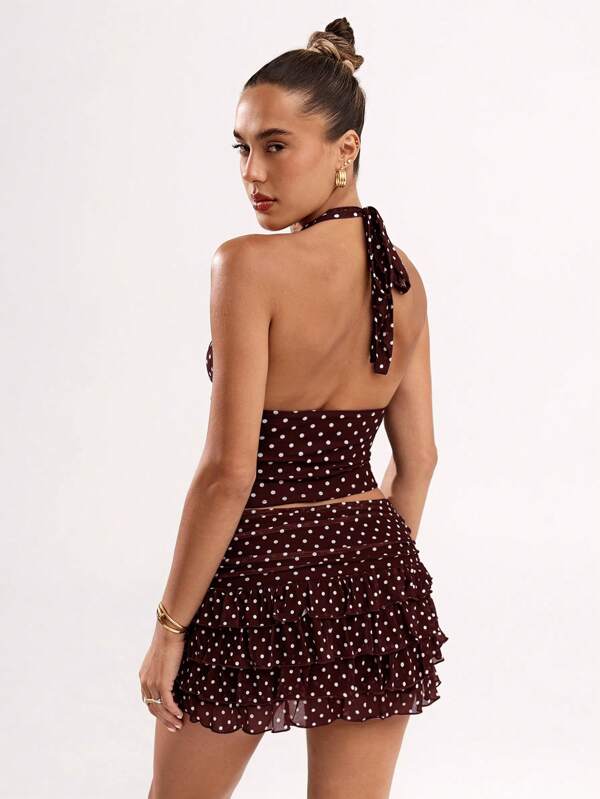 Women's Polka Dot Print Ruched Deep V-Neck Cropped Camisole