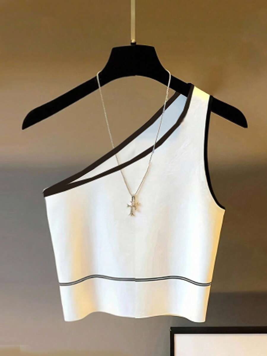 Women's white one shoulder tank top with black trim, cute summer tank top, beach vacation wear
