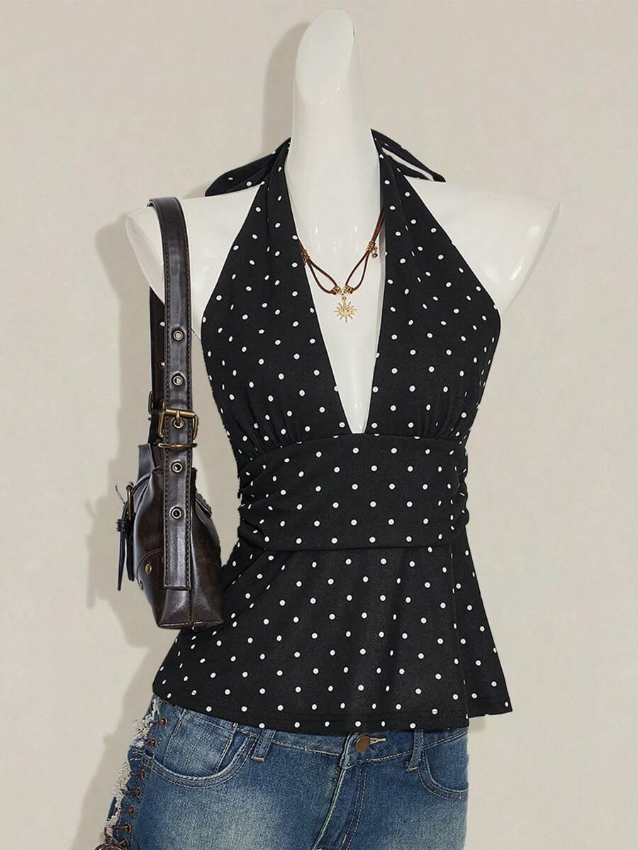 Ladies casual simple backless deep V-neck polka dot wrap top