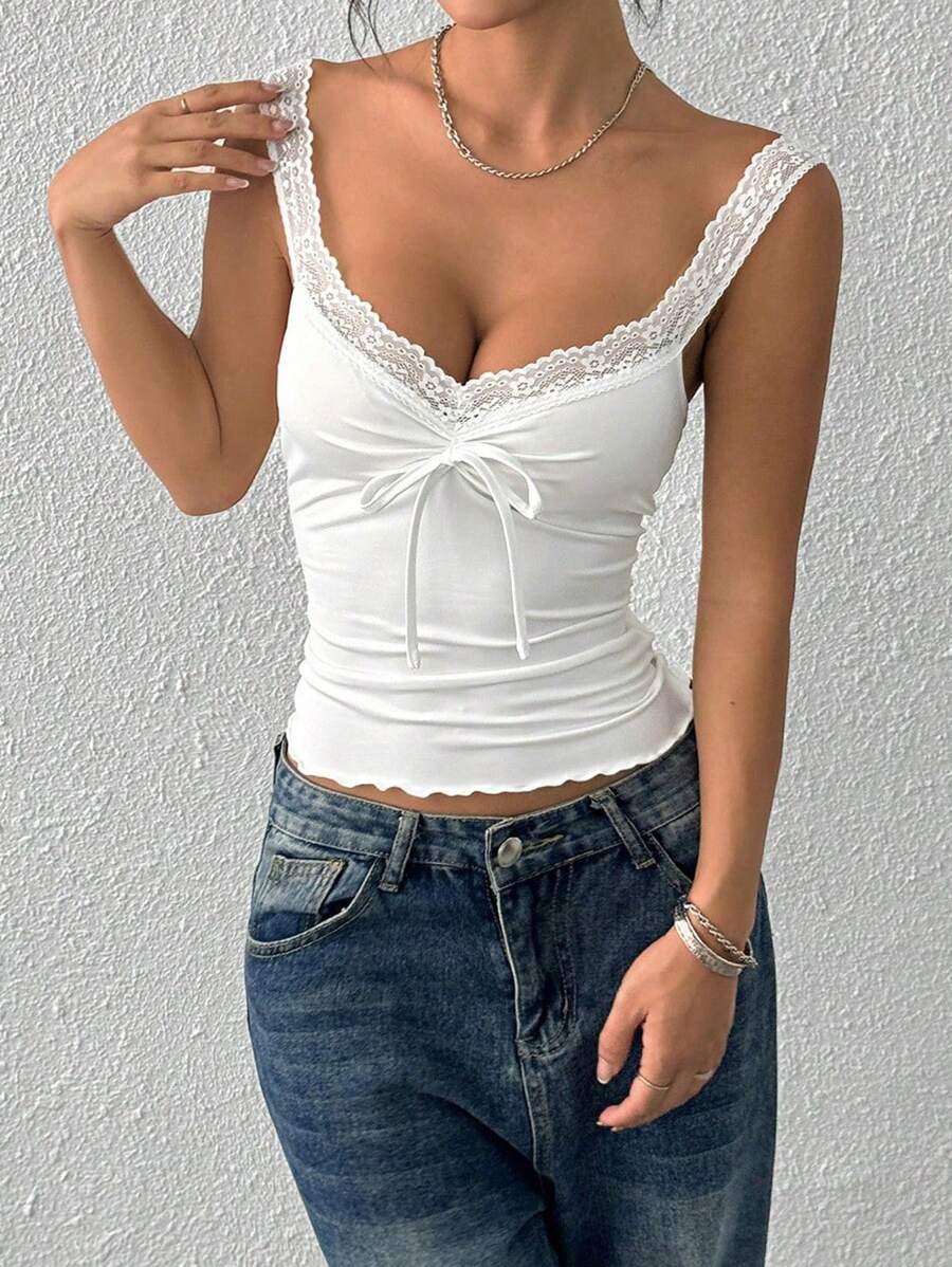 Women's lace trim V-neck bow detail pleated slim fit camisole Women's lace trim V-neck bow detail pleated slim fit camisole