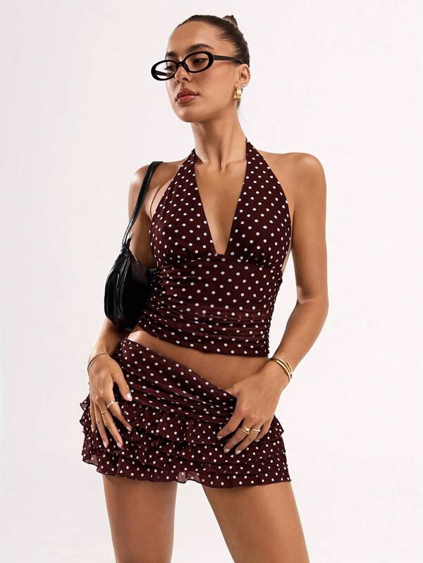 Women's Polka Dot Print Ruched Deep V-Neck Cropped Camisole