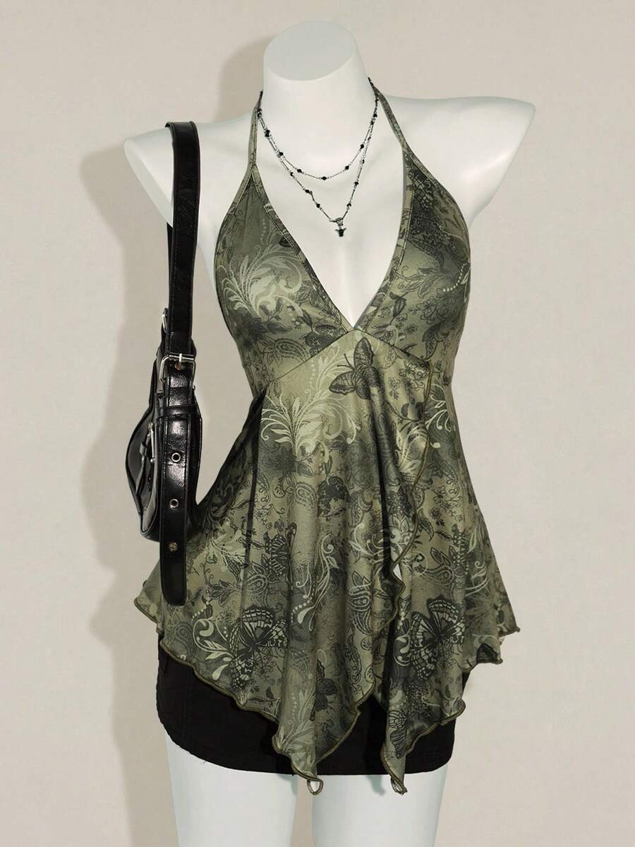 Women's vintage backless butterfly print spaghetti strap camisole