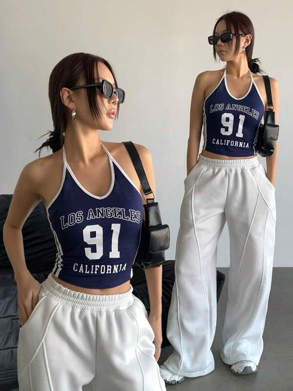 Women's Street Fashion Casual Color Block Los Angeles Pattern Size 91 Spaghetti Strap Tank Top