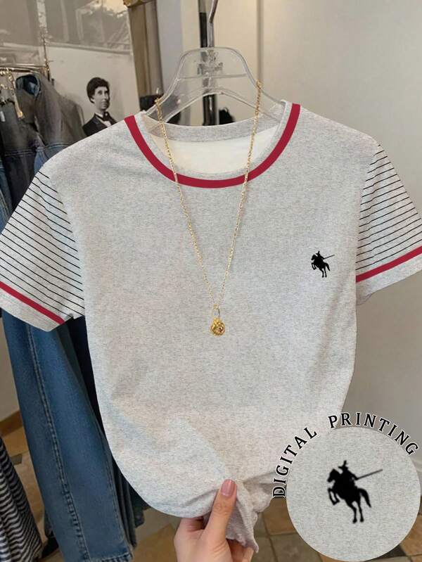Women's Contrast Color Simple Casual Round Neck Short Sleeve T-Shirt
