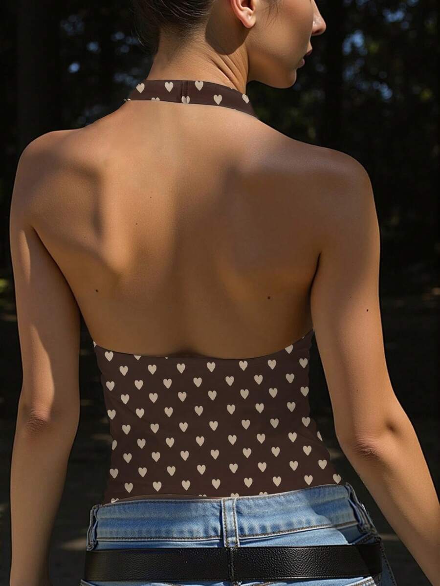 Women's heart-shaped printed backless suspender slim casual top