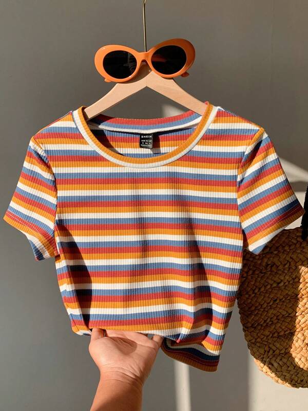 Colorful striped knitted slim fit women's T-shirt, casual and stylish, suitable for everyday wear