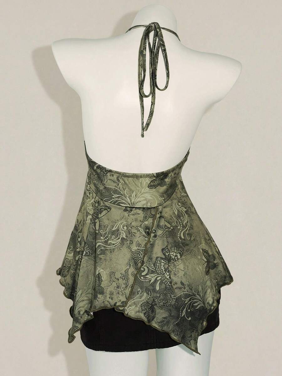 Women's vintage backless butterfly print spaghetti strap camisole