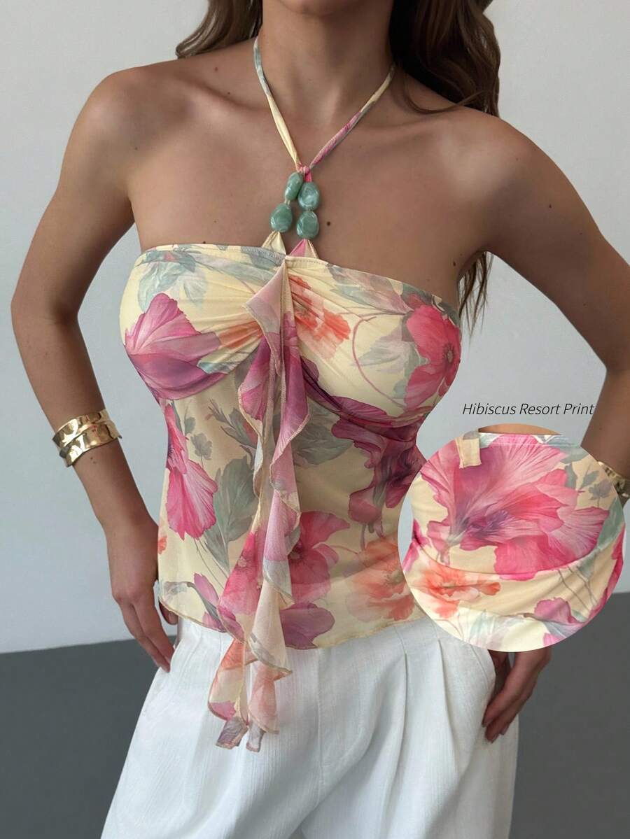 Women's printed ruffled backless sleeveless top, perfect for holidays, summer beach vacations, boho, tropical parties, rave festivals, country concerts, Ibiza and more.