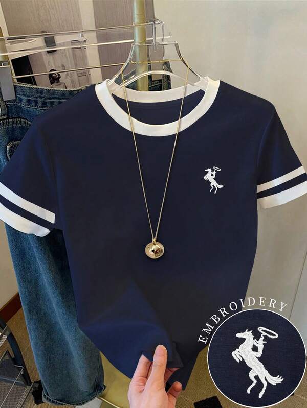 Women's T-shirt/Paul pattern printing/embroidery process/women's loose casual contrast color round neck T-shirt top/spring and summer