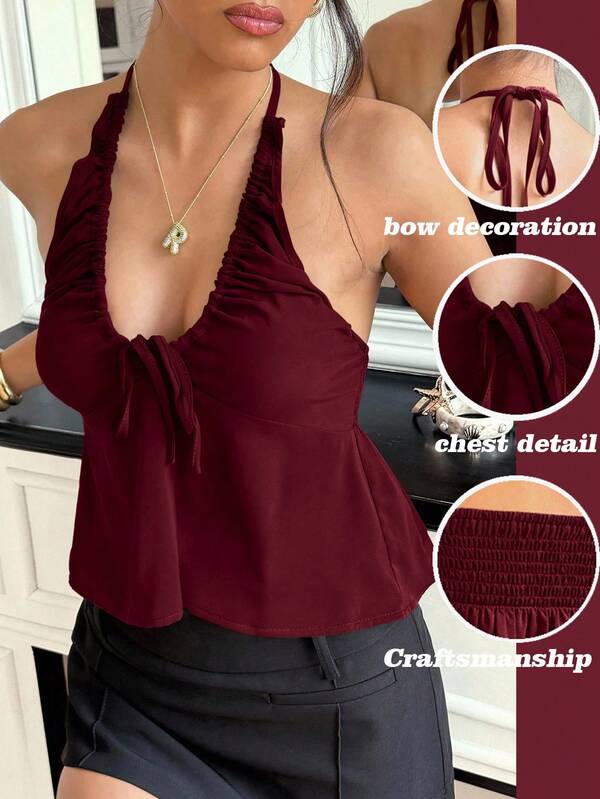 Women's Backless Bow Drawstring Deep V Neck A-Line Elegant Sexy Camisole