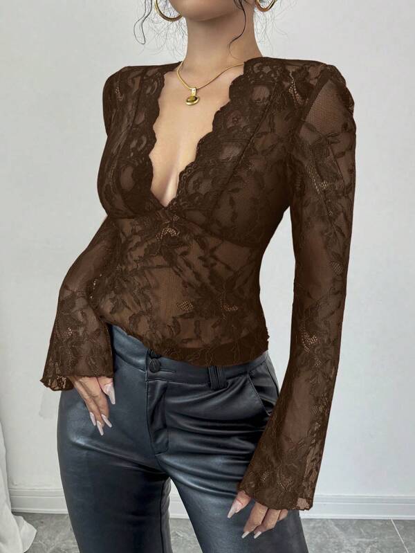 Women's Black V-Neck Lace Patchwork Bell Sleeve Lace Shirt