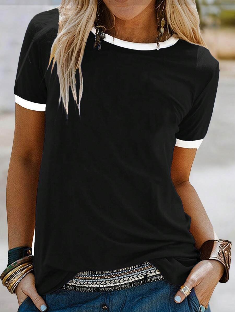 Women's Summer Contrast Color Round Neck Short Sleeve Casual T-Shirt Graphic T-Shirt Women's Top