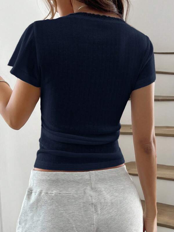 Sweet Lace Short Sleeve T-Shirt Women's Summer New Slim Fit 3 Button Front Half Sleeve Top