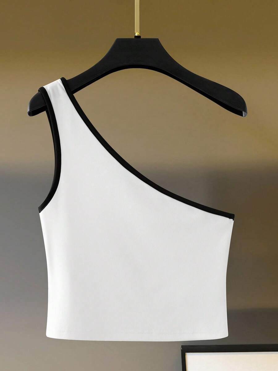 Women's white one shoulder tank top with black trim, cute summer tank top, beach vacation wear