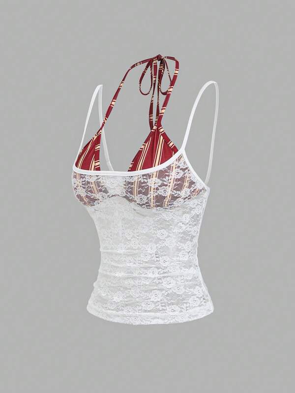 New retro striped slim sleeveless sexy asymmetrical two-in-one camisole, women's spring and summer style
