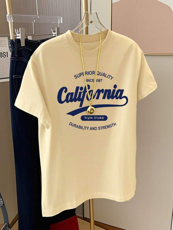 White short-sleeved mid-length T-shirt with English graphics printed on it, women's summer casual top