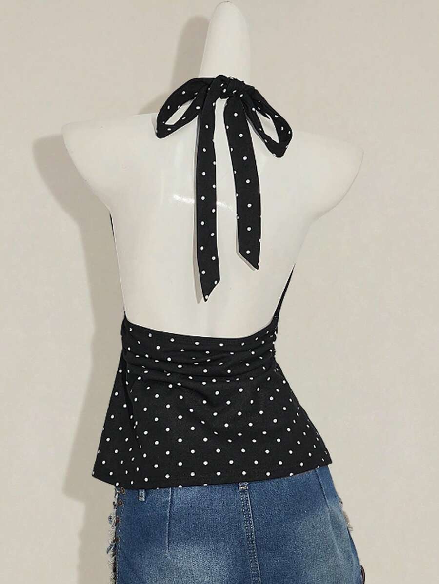 Ladies casual simple backless deep V-neck polka dot wrap top